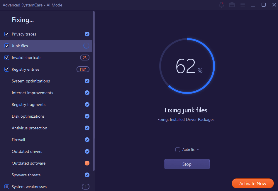 Computer optimization software at 62% progress screen.