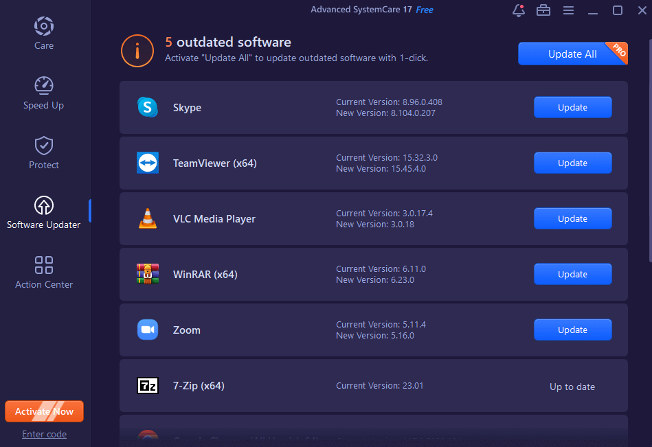 Software updater screen with applications needing updates.