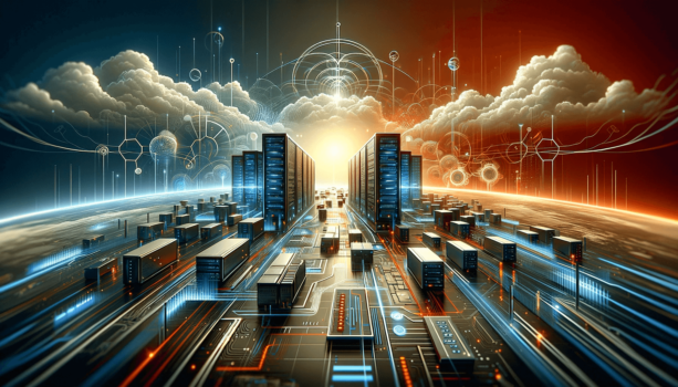 Futuristic data center with digital networks and clouds.