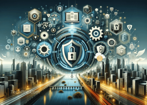 Futuristic city with digital security and technology icons.